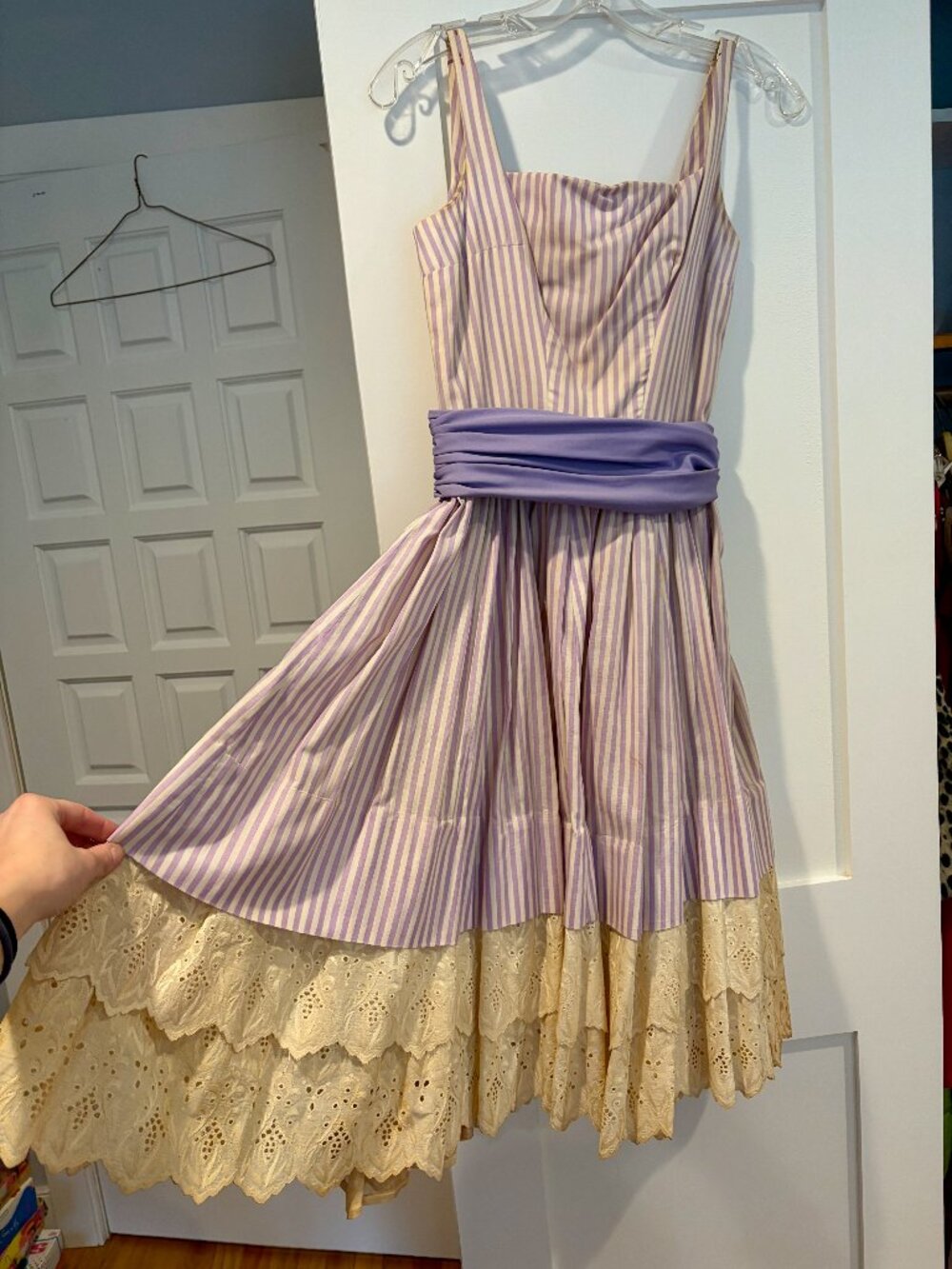 Vintage 1960s Mam'selle by Betty Carol Lavender Stripe Eyelet Full Skirt Dress